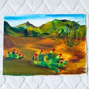 Gorgeous Desert Landscape Cactus mountain 
Southwestern Scene Oil Painting